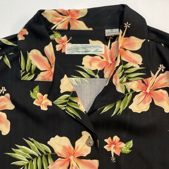 Pineapple Moon Womens Silk Vibrant Tropical Print Button Down Blouse Sz XL - Picture 2 of 6